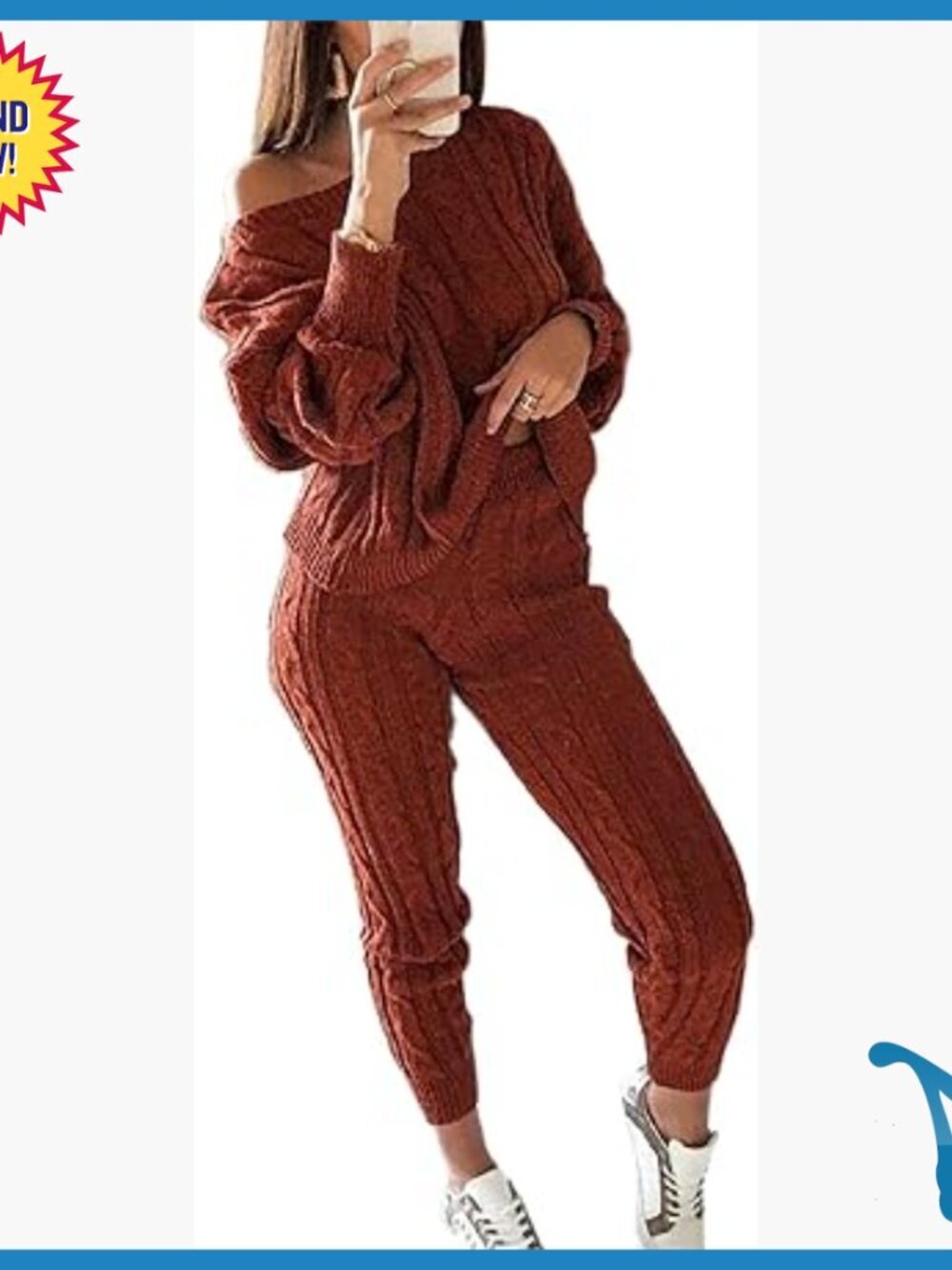 Chunky Cable Knit Sweater Set with Pants, Fall Loungewear, Size Large